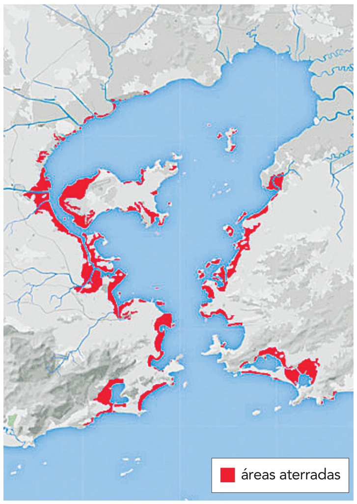 Mapa da Baía de Guanabara destacando em vermelho as áreas aterradas ao longo do seu litoral e ilhas até o final da década de 1990.