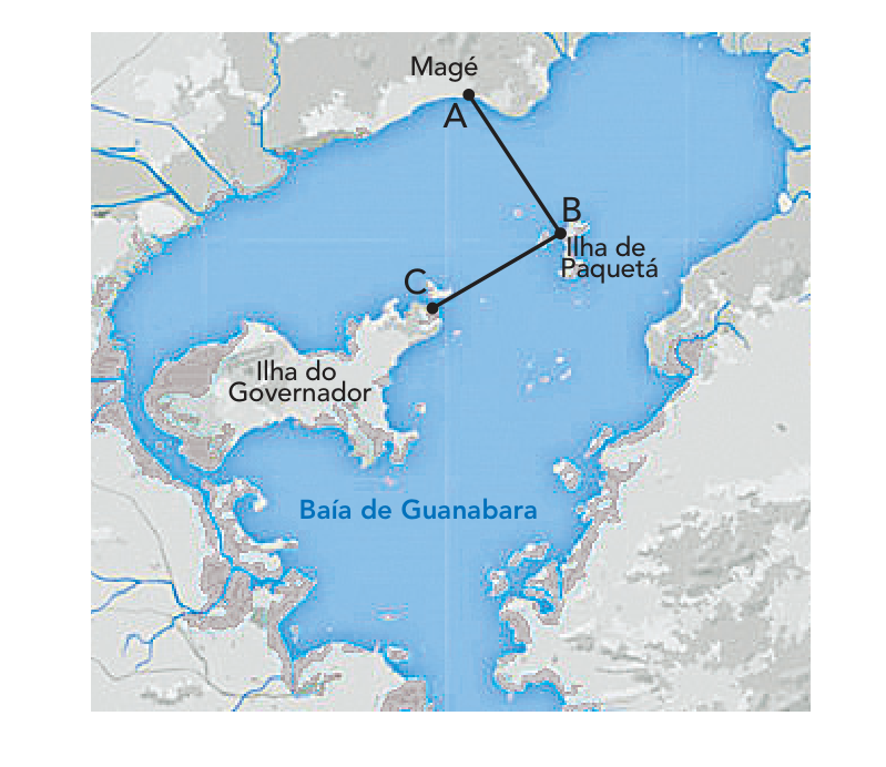 Mapa da Baía de Guanabara indicando a localização do ponto A em Magé, do ponto B na Ilha de Paquetá e do ponto C na Ilha do Governador, conectados por segmentos de reta de A até B e de B até C.