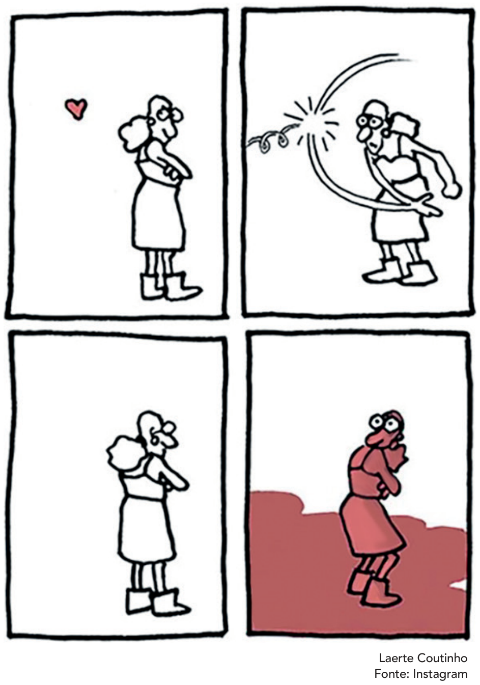 F1 Tirinha de Laerte composta por quatro quadros. No primeiro, uma personagem mulher observa um pequeno coração vermelho que flutua no ar. No segundo, ela golpeia e destrói o coração com as mãos. No terceiro, ela permanece de pé, de braços cruzados. No quarto, uma poça de líquido vermelho se espalha pelo chão e a cobre, deixando-a encolhida e com expressão de espanto.