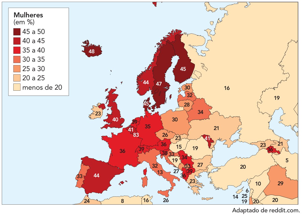 Mapa temático da Europa indicando a porcentagem de mulheres parlamentares em 2024 por país, com legenda em tons que vão do amarelo-claro (menos de 20%) ao vermelho-escuro (45 a 50%). Destacam-se com percentuais mais elevados (acima de 40%) países nórdicos como Islândia (48%), Suécia (47%), Finlândia (45%), Noruega (44%) e Dinamarca (45%), além da Espanha (44%).