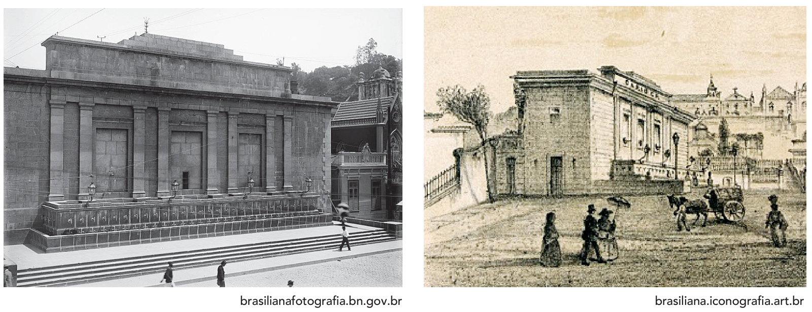 Duas imagens históricas do chafariz do Largo da Carioca no Rio de Janeiro. À esquerda, fotografia em preto e branco mostrando a fachada monumental em pedra do chafariz com suas bicas e degraus, além de transeuntes. À direita, gravura do século XIX retratando o chafariz no Largo da Carioca, com transeuntes, uma charrete puxada por animais e construções ao fundo.