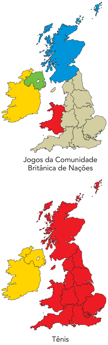 Mapas das Ilhas Britânicas representando as divisões esportivas nos Jogos da Comunidade Britânica de Nações e no Tênis