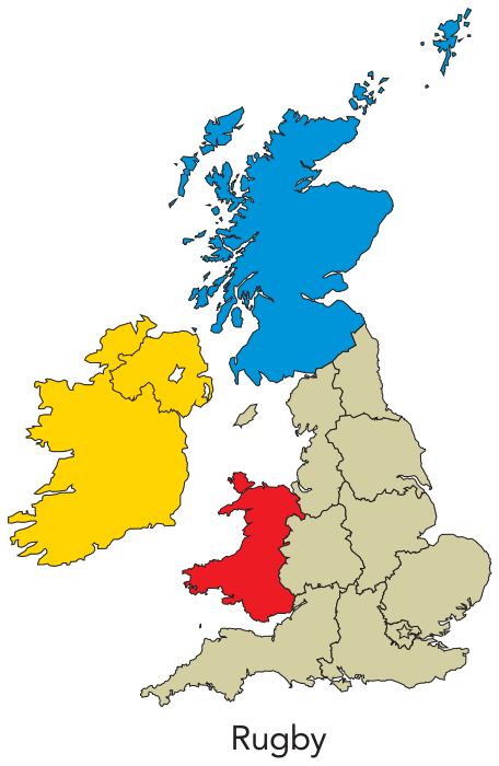Mapa das Ilhas Britânicas representando a divisão esportiva no Rugby