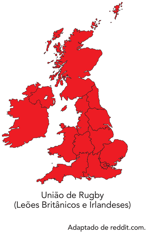 Mapa das Ilhas Britânicas representando a divisão esportiva na União de Rugby (Leões Britânicos e Irlandeses)