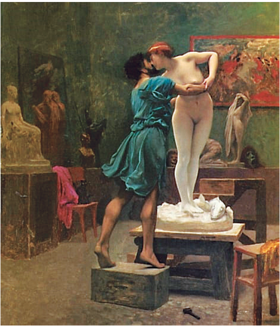 F2 Pintura de Pigmalião, vestido com uma túnica azul e apoiado sobre um bloco, beijando Galateia, uma figura feminina nua sobre um pedestal. Ao redor, no ateliê, há esculturas, bancos e outros objetos.