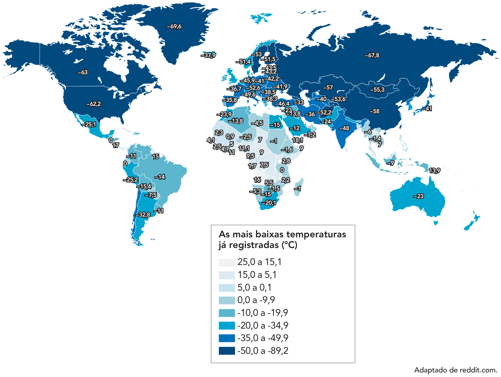 Mapa-múndi ilustrando as temperaturas mais baixas já registradas por país em graus Celsius (°C). Os países estão coloridos segundo faixas que variam de 25,0 a 15,1 °C (tons claros) até -50,0 a -89,2 °C (azul escuro).