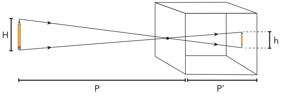 F1 Esquema óptico de formação de imagem em uma câmara escura: à esquerda, um lápis de altura H está situado a uma distância P do orifício na face anterior da caixa cúbica; raios de luz saem dos extremos do lápis, cruzam-se no orifício e projetam no fundo da câmara, a uma distância P', uma imagem invertida do lápis com altura h.