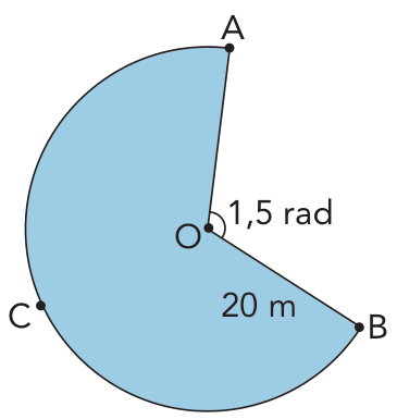 F1 Setor circular de centro O e extremidades A e B, com um ponto C ao longo do arco maior, preenchido na cor azul. O segmento OB mede 20 m e o menor ângulo central AÔB mede 1,5 rad.