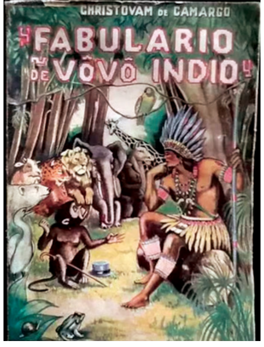 F1 Capa do livro "Fabulário de Vovô Índio", de autoria de Christovam de Camargo. A ilustração retrata um indígena sentado em uma pedra na floresta, usando cocar de penas e segurando um arco e flechas, cercado por diversos animais que o observam atentamente, como macaco, sapo, onça, leão, elefante, girafa e arara.