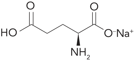F3 Fórmula estrutural do glutamato de sódio: HO–C(=O)–CH₂–CH₂–CH(NH₂)–C(=O)–O⁻Na⁺. A ligação com NH₂ é representada por uma cunha cheia abaixo da cadeia.