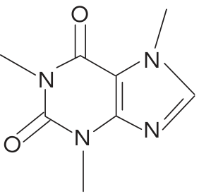 F4 Fórmula estrutural da cafeína, formada por dois anéis fundidos, um de seis e outro de cinco membros, com quatro átomos de N, dois grupos carbonila e três grupos metila ligados a átomos de N. São mostradas as ligações duplas dos grupos carbonila, uma ligação dupla na junção dos anéis e outra no anel de cinco membros.