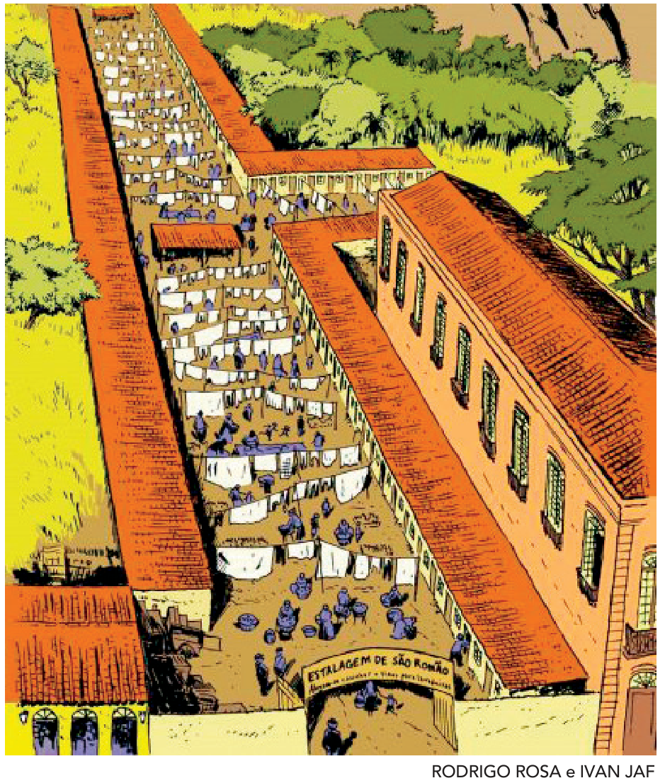 Ilustração em perspectiva aérea de um cortiço estreito e comprido, com o portal de entrada onde se lê "ESTALAGEM DE SÃO ROMÃO". O pátio interno está repleto de varais com roupas brancas estendidas e dezenas de moradores realizando atividades ao longo dos casebres e sobrados.