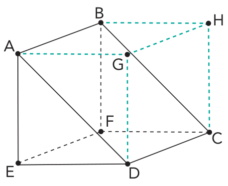 Cubo com vértices de A a H, dividido ao meio por um plano inclinado que forma o quadrilátero ABCD. As arestas do prisma ABCDEF estão em linhas pretas contínuas e tracejadas, enquanto a outra metade do cubo é delineada por linhas tracejadas em verde-água.
