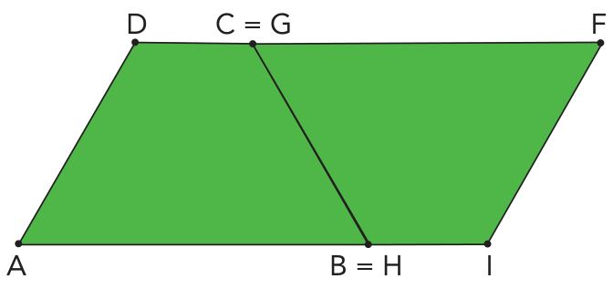 F3 Dois trapézios unidos formando o paralelogramo ADFI, com vértices D, C coincidindo com G, F no topo e A, B coincidindo com H, I na base