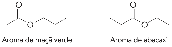 Duas fórmulas estruturais em representação de linhas: à esquerda, CH₃–C(=O)–O–CH₂–CH₂–CH₃, com a legenda “Aroma de maçã verde”; à direita, CH₃–CH₂–C(=O)–O–CH₂–CH₃, com a legenda “Aroma de abacaxi”.
