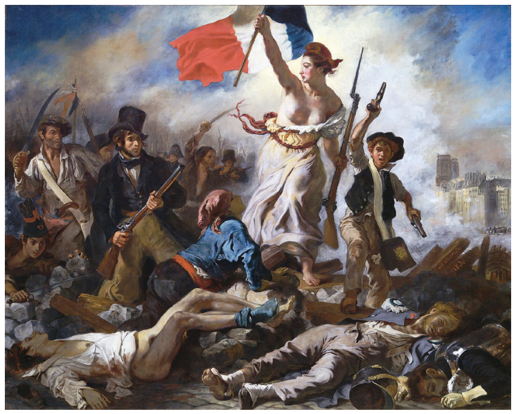 Pintura "A liberdade guiando o povo", de Eugène Delacroix (1830), mostrando uma mulher que personifica a Liberdade com o seio desnudo e barrete frígio, empunhando a bandeira da França e um mosquete, liderando pessoas armadas de diferentes classes sociais por sobre uma barricada e corpos de combatentes caídos.