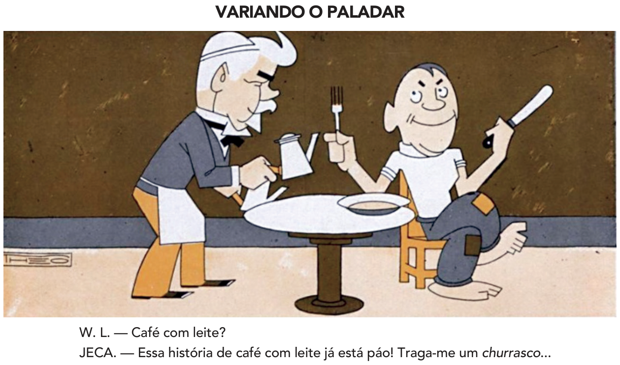 Charge intitulada "VARIANDO O PALADAR", de Théo. À esquerda, o presidente Washington Luís caracterizado como garçom segura um bule de café e serve uma mesa, perguntando: "Café com leite?". À direita, o personagem Jeca senta-se à mesa segurando garfo e faca em riste, descalço e com roupa remendada, respondendo: "Essa história de café com leite já está páo! Traga-me um churrasco...".