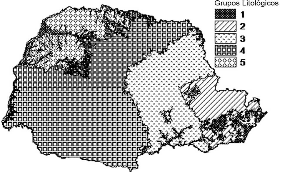 Mapa do Paraná com a distribuição de cinco grupos litológicos, diferenciados por padrões de preenchimento. A legenda “Grupos Litológicos” identifica: 1, pontilhado denso; 2, linhas diagonais; 3, pequenos sinais em forma de acento circunflexo; 4, quadriculado; 5, pequenos losangos. O grupo 4 ocupa a maior parte do oeste e do centro do estado; o grupo 3 forma uma faixa na porção centro-leste; o grupo 2 concentra-se no leste; o grupo 5 aparece principalmente no norte e noroeste; o grupo 1 aparece em manchas no norte, noroeste e leste.