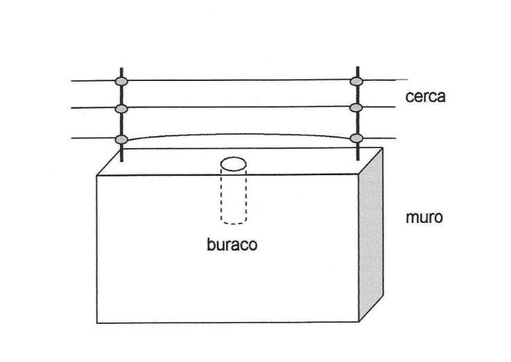 Esquema de um muro com um buraco cilíndrico vertical em seu interior, com abertura no topo e fechado na base. Sobre o muro, há hastes verticais que sustentam os três fios horizontais de uma cerca elétrica, estando o fio mais baixo posicionado logo acima da abertura do buraco. As legendas indicam "cerca", "muro" e "buraco".
