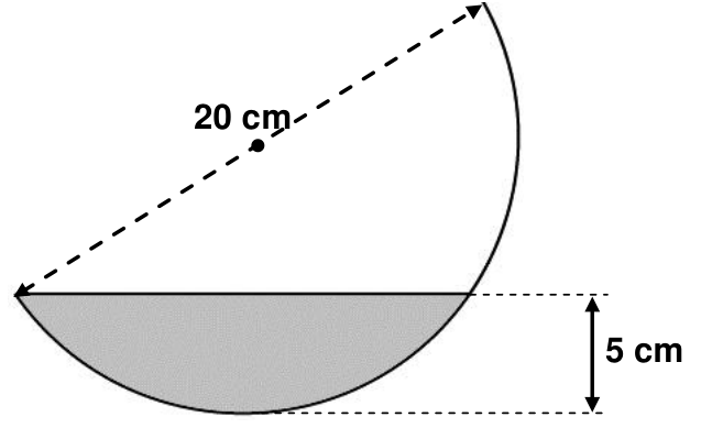 Corte de um recipiente em formato de hemisfério inclinado contendo um líquido sombreado até a borda esquerda. O diâmetro pontilhado indica a medida de 20 cm com o centro assinalado, e uma cota vertical à direita indica profundidade máxima do líquido de 5 cm.