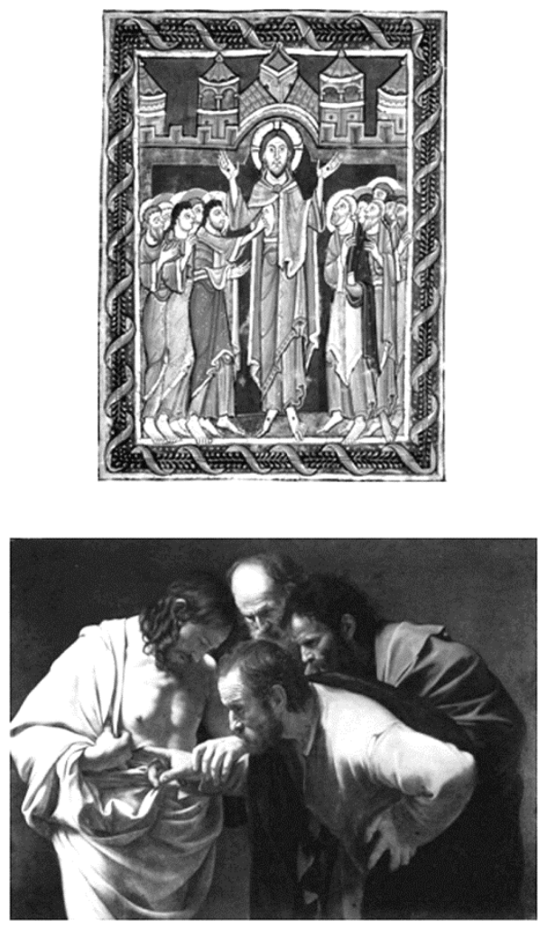 Ilustração medieval do saltério de Saint Albans (século XII), retratando Jesus Cristo no centro e apóstolos ao redor; e pintura barroca "A incredulidade de São Tomé" (1599), de Caravaggio, retratando Cristo guiando a mão de Tomé para tocar sua chaga, sob o olhar atento de outros dois apóstolos.