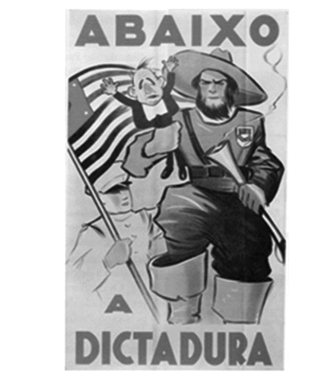 Cartaz da Revolução Constitucionalista de 1932 com a frase "ABAIXO A DICTADURA". Na imagem, um bandeirante armado segura com uma das mãos uma caricatura diminuta de Getúlio Vargas; ao fundo, aparece um soldado carregando a bandeira do estado de São Paulo.