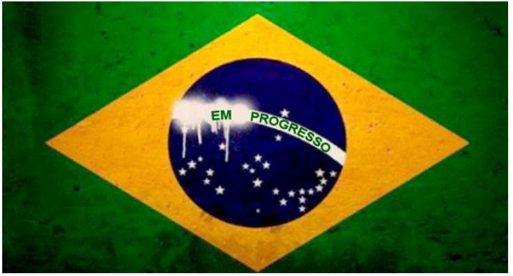 Bandeira do Brasil com o lema alterado para "EM PROGRESSO", tendo parte da faixa branca coberta por tinta branca escorrendo sobre o círculo azul.