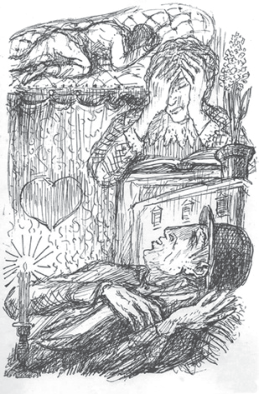 Ilustração com traços densos, hachuras e atmosfera sombria, mostrando um homem deitado vestindo terno e chapéu com expressão angustiada, uma vela acesa, e no fundo uma figura segurando a cabeça em desespero.