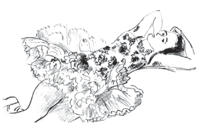 Desenho com traços suaves e sombreados a lápis de uma bailarina deitada com a cabeça apoiada no braço, vestindo um corpete floral e tutu rodado.
