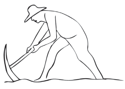 Desenho de contorno simples e limpo, sem sombras, representando um trabalhador rural curvado com chapéu manuseando uma enxada ou picareta no chão.