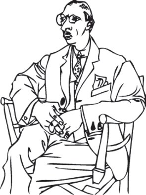 Desenho figurativo em traços lineares nítidos retratando um homem de óculos e terno elegante sentado em uma cadeira de madeira com as mãos cruzadas sobre o colo.