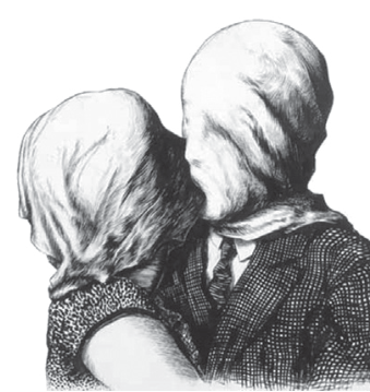 Desenho em preto e branco baseado na obra 'Os amantes', mostrando um casal se beijando com panos claros cobrindo totalmente suas cabeças e rostos.