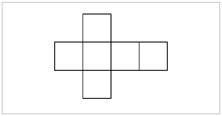 Planificação de um cubo formada por seis quadrados dispostos em formato de cruz, com quatro quadrados alinhados horizontalmente e dois verticalmente, um acima e outro abaixo do segundo quadrado da esquerda para a direita.