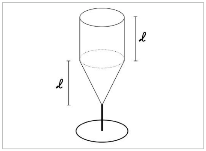 Recipiente formado por uma haste com base circular, uma parte inferior cônica com vértice apontado para baixo e altura ℓ, e uma parte superior cilíndrica de mesma altura ℓ e mesmo raio da base superior do cone.
