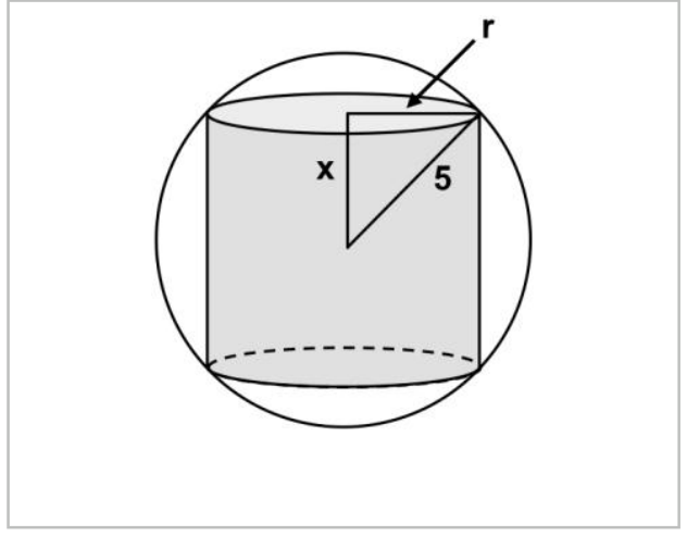 F1 Cilindro de raio r inscrito em uma esfera de raio 5, com triângulo retângulo interno de catetos x e r, e hipotenusa 5