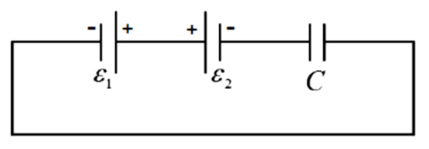 Esquema de circuito elétrico fechado contendo duas fontes de força eletromotriz ideais,  e , ligadas em oposição, em série com um capacitor de capacitância .