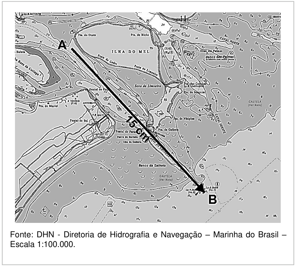F1 Recorte da Carta Náutica da região da Ilha do Mel e Baía de Paranaguá, mostrando uma seta preta retilínea do ponto A em direção ao ponto B com indicação de 15 cm. Abaixo consta a legenda: Fonte: DHN - Diretoria de Hidrografia e Navegação – Marinha do Brasil – Escala 1:100.000.