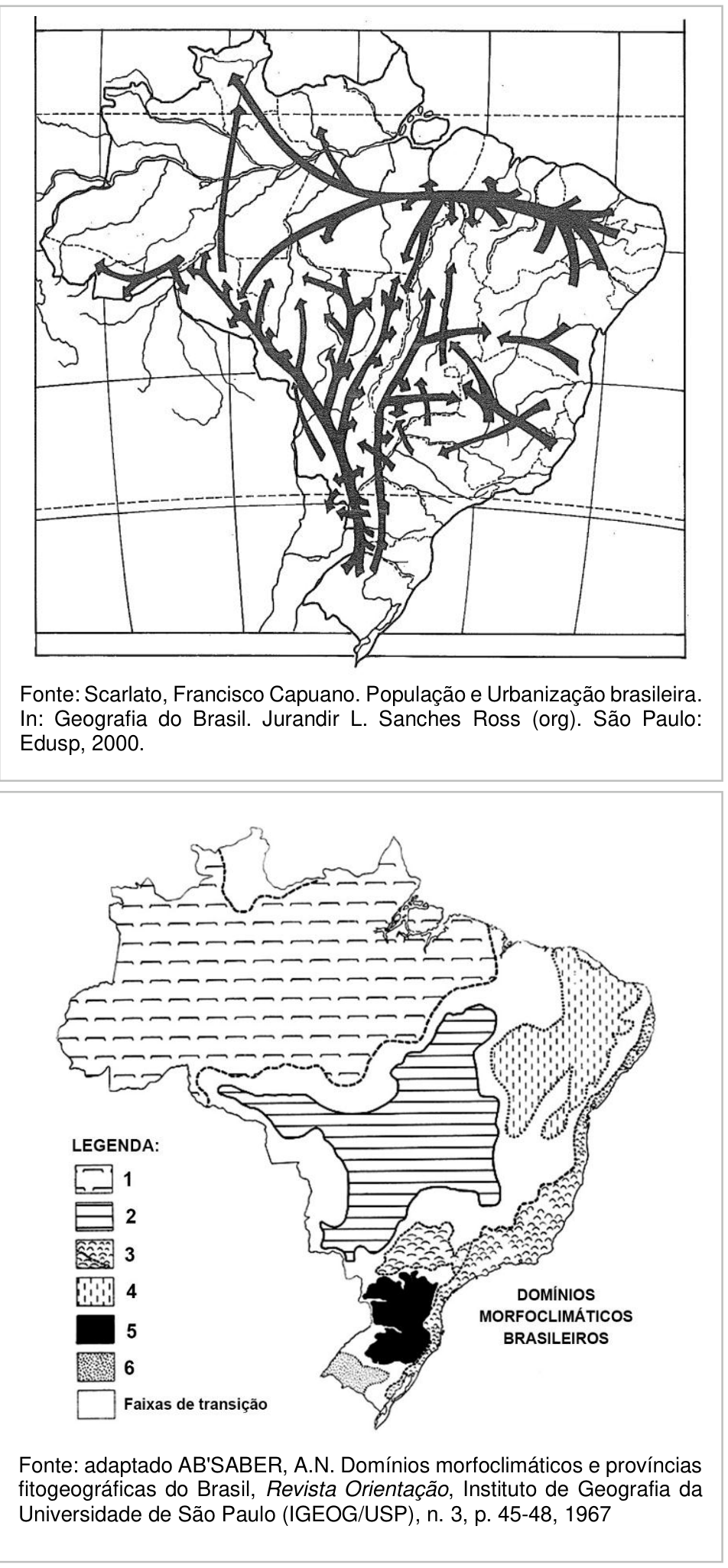 Dois mapas do Brasil: o superior ilustra fluxos migratórios e de povoamento com setas; o inferior apresenta os domínios morfoclimáticos brasileiros, com legenda numerada de 1 a 6 com diferentes hachuras e áreas em branco para faixas de transição.