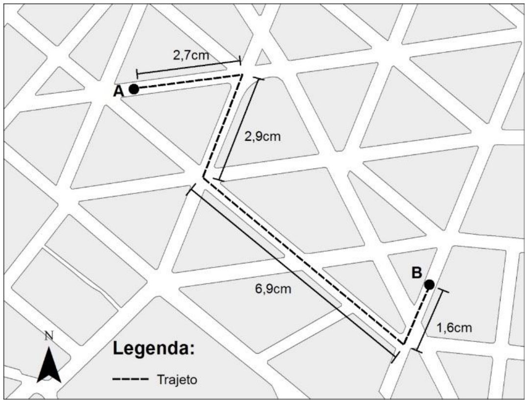 Mapa esquemático de ruas com um trajeto tracejado ligando o ponto A ao ponto B, composto por quatro segmentos com comprimentos indicados: 2,7 cm, 2,9 cm, 6,9 cm e 1,6 cm. Há indicação do Norte e legenda identificando a linha tracejada como Trajeto.