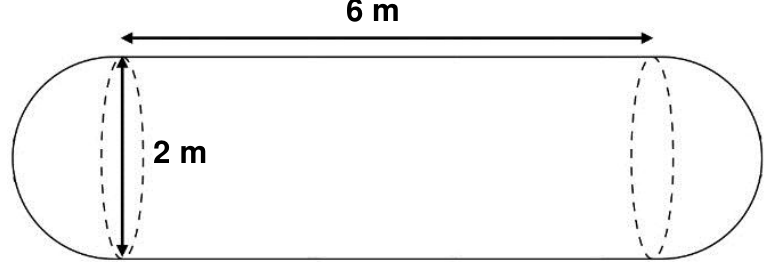F1 Esquema de um tanque em formato de cilindro circular reto com duas semiesferas em suas bases, com comprimento da parte cilíndrica de 6 m e diâmetro da base de 2 m