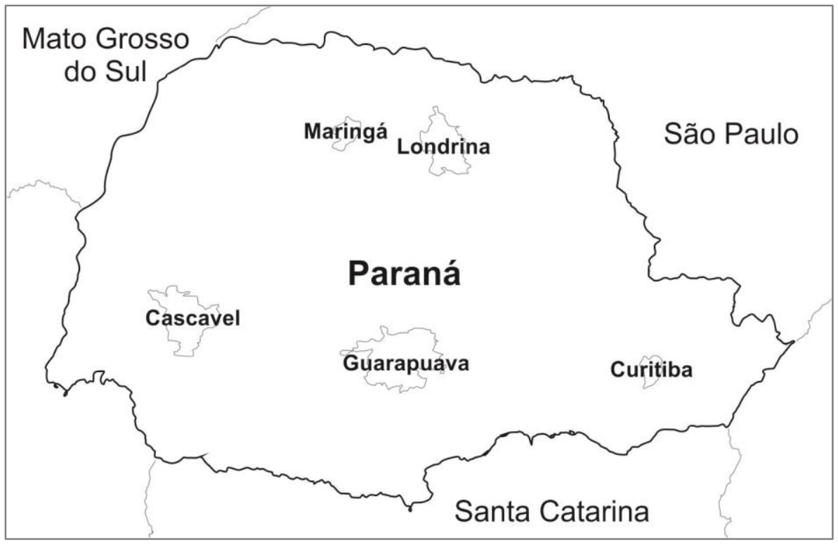 Cartograma do estado do Paraná com a delimitação e destaque dos municípios de Maringá e Londrina na porção norte, Cascavel a oeste, Guarapuava no centro-sul e Curitiba a leste, além dos limites com Mato Grosso do Sul a noroeste, São Paulo ao norte/nordeste e Santa Catarina ao sul.