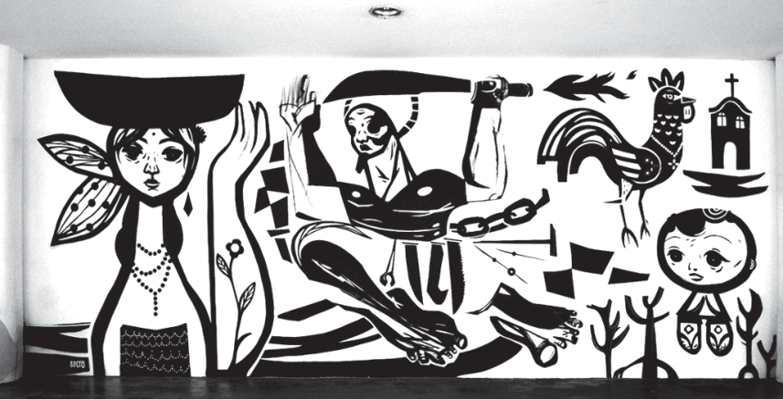 Mural em preto e branco com figuras estilizadas em traços que remetem à xilogravura de cordel: à esquerda, uma mulher carregando um alguidar na cabeça; ao centro, uma figura empunhando um facão e quebrando correntes; à direita, um galo, uma capela sobre um barco e uma figura infantil.