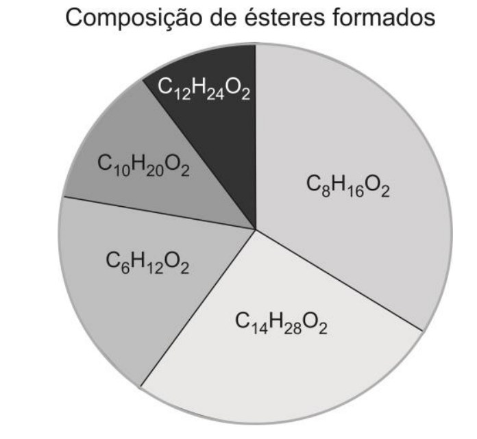 Gráfico de setores intitulado "Composição de ésteres formados", dividido em cinco fatias identificadas pelas fórmulas moleculares C12H24O2, C10H20O2, C6H12O2, C14H28O2 e C8H16O2, sendo C8H16O2 a fatia que representa a maior porcentagem.