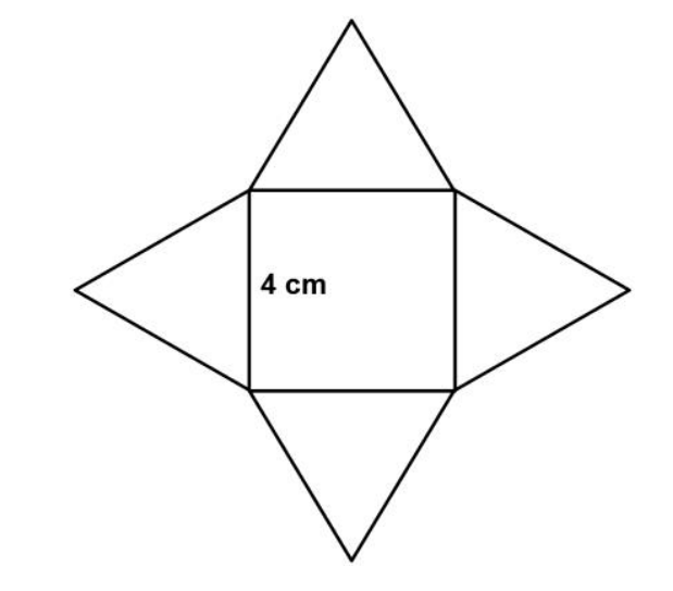 Planificação de uma pirâmide de base quadrada com lado medindo 4 cm e faces laterais triangulares.