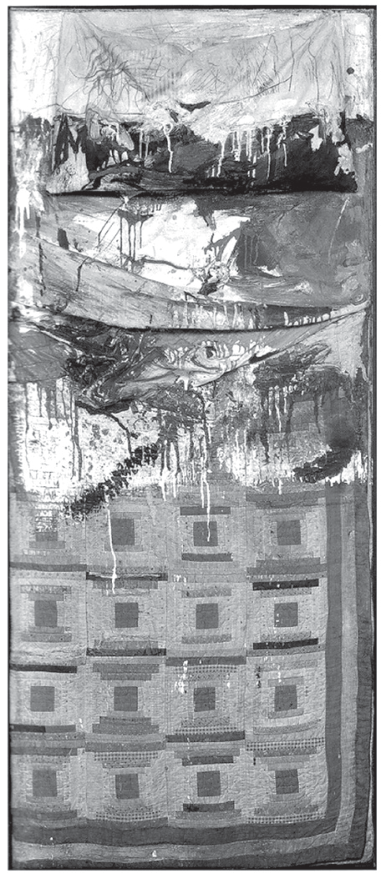 Obra Cama (1955) de Robert Rauschenberg, composta por um travesseiro, lençol e colcha estampada com quadrados montados verticalmente sobre um suporte retangular de madeira, cobertos por respingos e escorridos de tinta a óleo e traços de lápis.