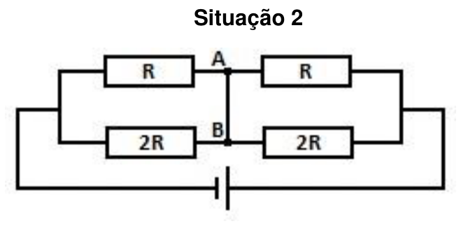 F2 Situação 2: mesmo circuito elétrico da Situação 1, mas com os pontos A e B interligados verticalmente por um fio condutor ideal.