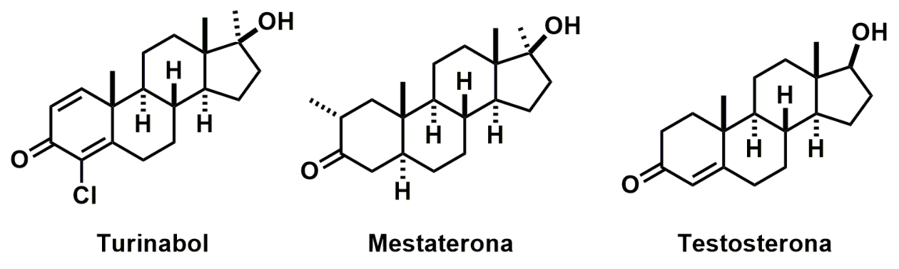 Fórmulas estruturais do turinabol, mestaterona e testosterona.