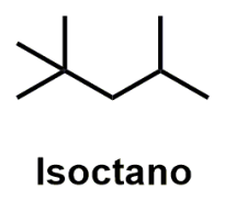 Fórmula estrutural em linha de ligação (bastão) do isoctano, com a legenda Isoctano.