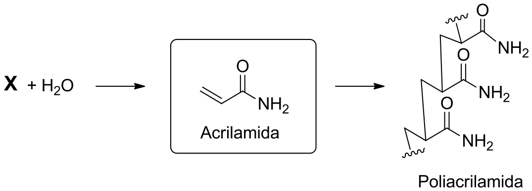 Esquema de reação química mostrando a substância X reagindo com água para formar acrilamida, que por sua vez reage formando poliacrilamida