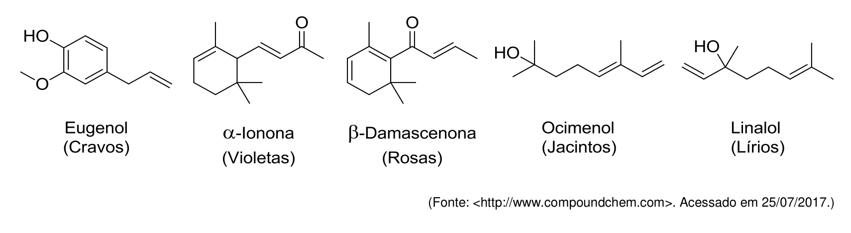 Fórmulas estruturais planas das substâncias: Eugenol (Cravos), alfa-Ionona (Violetas), beta-Damascenona (Rosas), Ocimenol (Jacintos) e Linalol (Lírios).